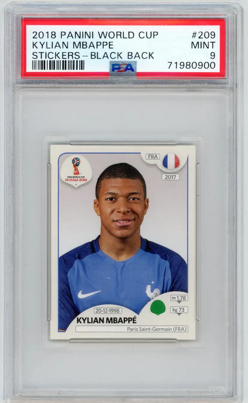 2018 Panini World Cup KYLIAN MBAPPE RC Rookie Stickers Black Back #209 PARIS SAINT-GERMAIN PSA 9 MINT