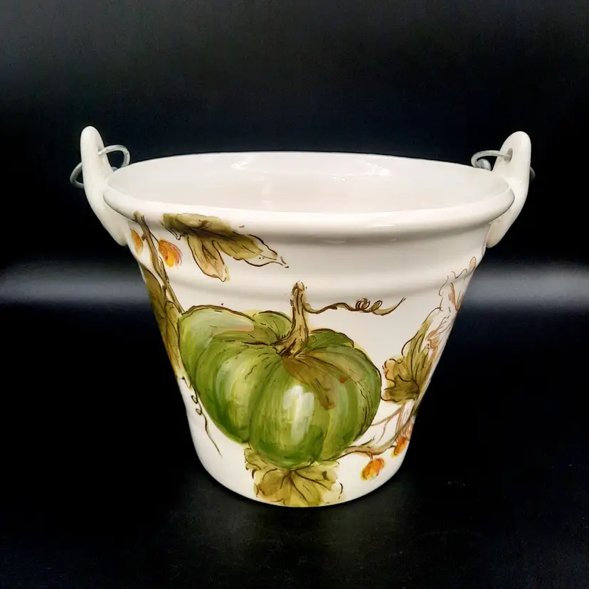 Pumpkin Flower Leaf Ceramic Bucket Pail Fall Decor by Maxcera