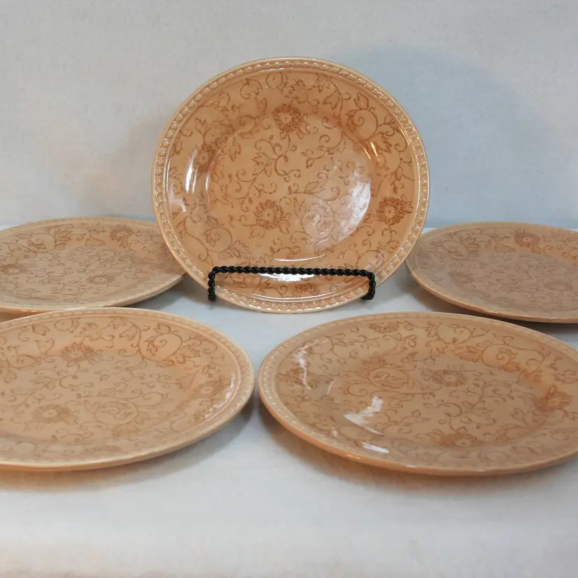 Macys The Cellar Oval 9.5" Swirl Brown Floral Bead Rim Salad Dessert Plate set-5