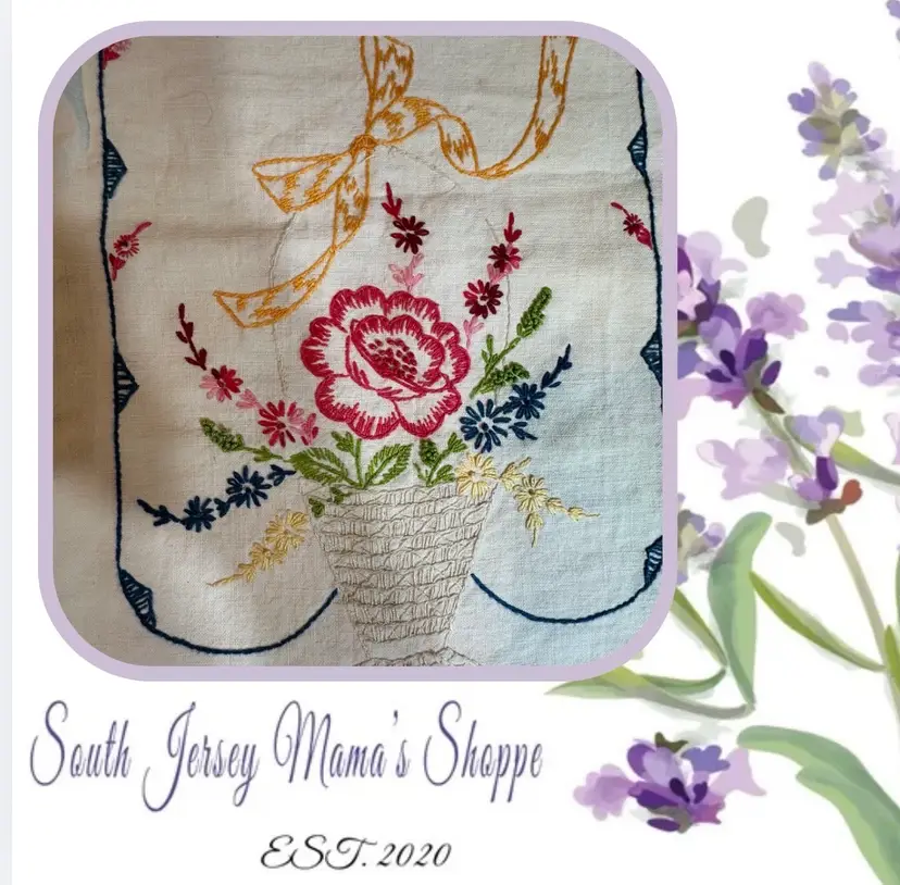 Vintage Double Ended Hand Embroidered Red Floral Basement Design Table Runner