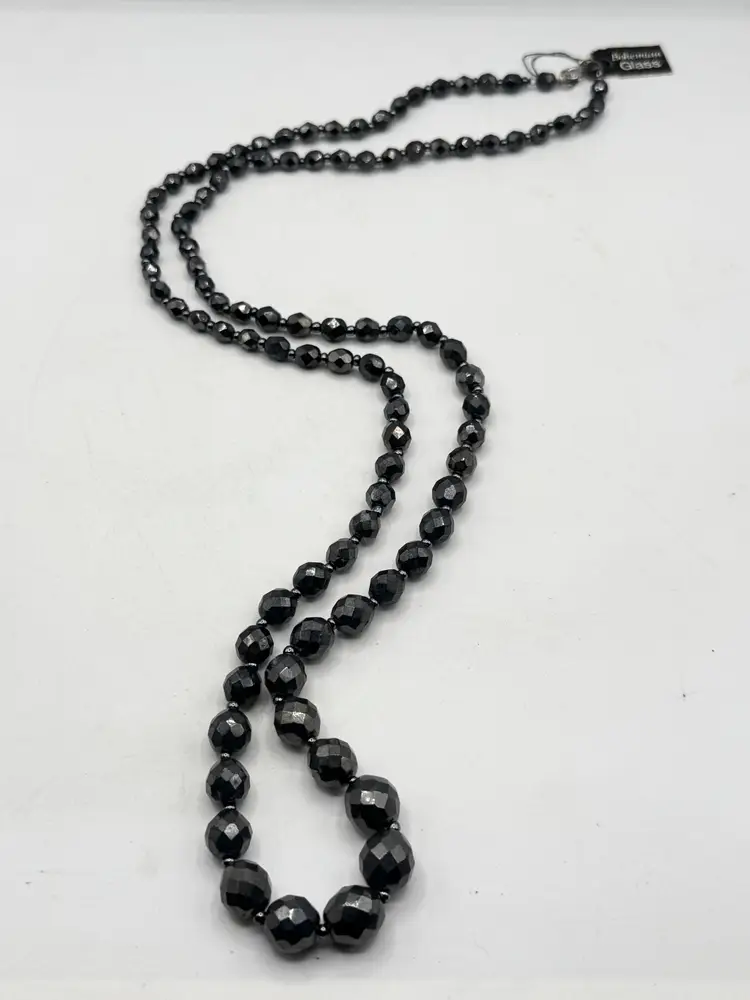 Vintage hematite bohemian glass beaded long necklace