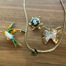 lot Of Four, Butterflies, Bird, And Turtle pins and necklace