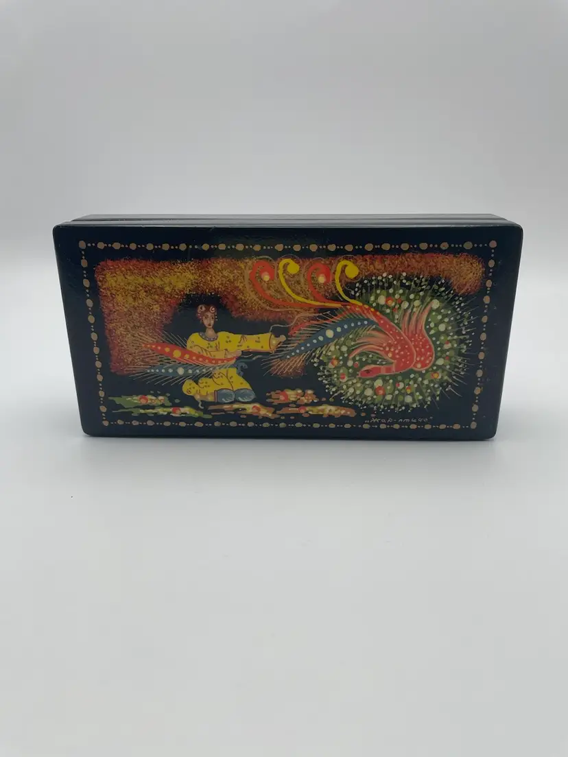 Signed Hand Painted Russian Black Lacquer Hinged Wooden Box “Firebird”