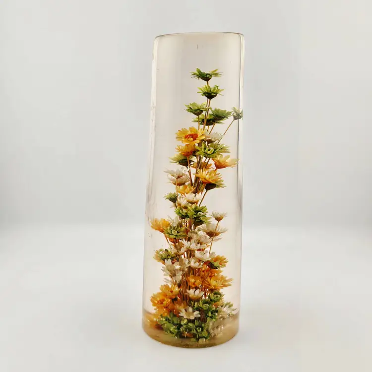 Vintage Lucite Tall Column Paperweight with Dried Daisy Flowers