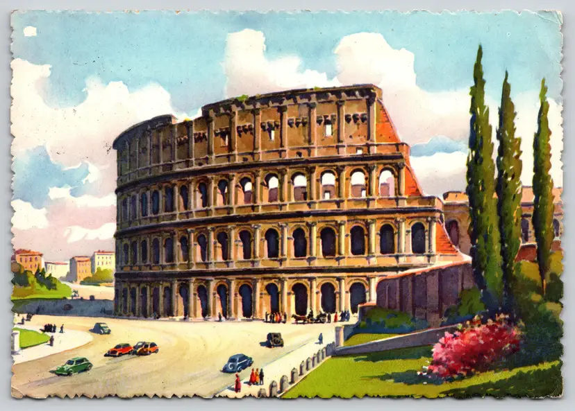 Postcard The Colosseum Illustration Rome Italy 1960 Summer Olympics Stamps