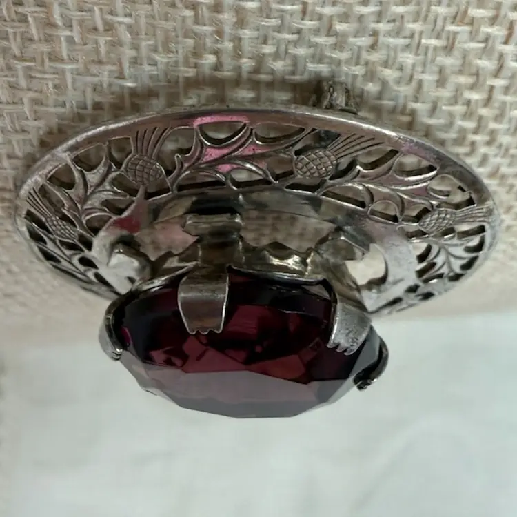 Vintage Scottish Style Sterling Silver Thistle Embellished Brooch With A Faux Amethyst Stone