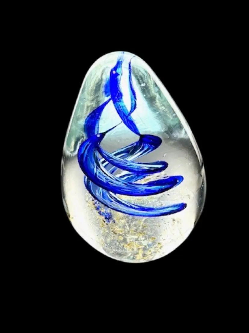 Vintage Cobalt Blue and Clear Spiral Paperweight Egg Shaped with Gold Glittery Base - 4" Tall x 3" Wide