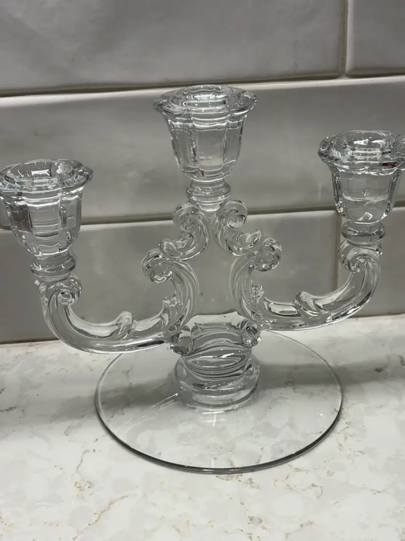 Vintage Fostoria Crystal 3-Arm Candelabrum Etched Glass Candle Holder
