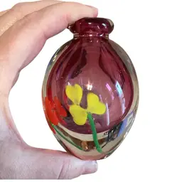 Thick Glass Vase/perfume? Pink With Florals 3.5” T X 2.5” W