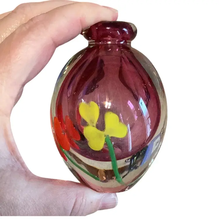 Thick Glass Vase/perfume? Pink With Florals 3.5” T X 2.5” W