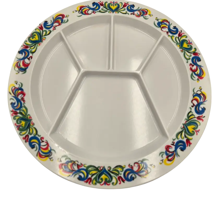 Vintage Kenro Divided Melamine Plate Folk Art Rim Pattern