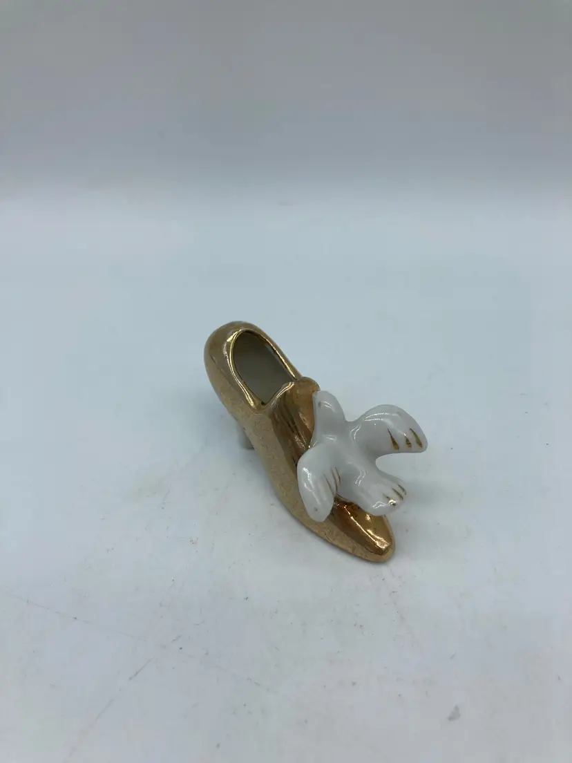 Vintage Ceramic Gold Mini High Heeled Shoe with White Dove on Front