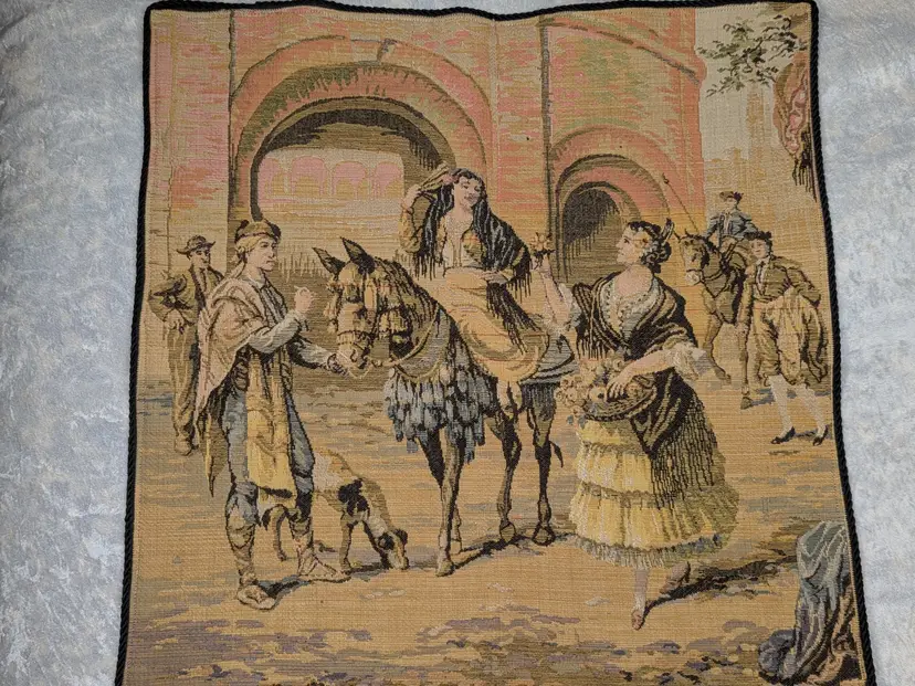 Woven Tapestry Spanish Street Scene Flamenco Dancers Horse Dog Made in Belgium 18"x18" Soldiers Vintage Wall Decor