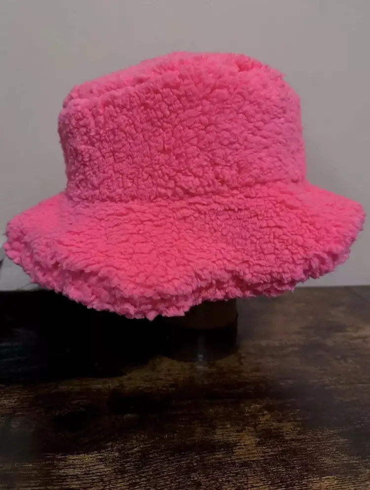 Handmade Hot Pink Bright Neon Sherpa Fuzzy Fall Winter Retro 70s Groovy Funky Fun Faux Fur Bucket Hat