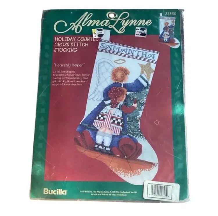 Vintage 1997 Alma Lynn Heavenly Helper Holiday Counted Cross Stitch Stocking New