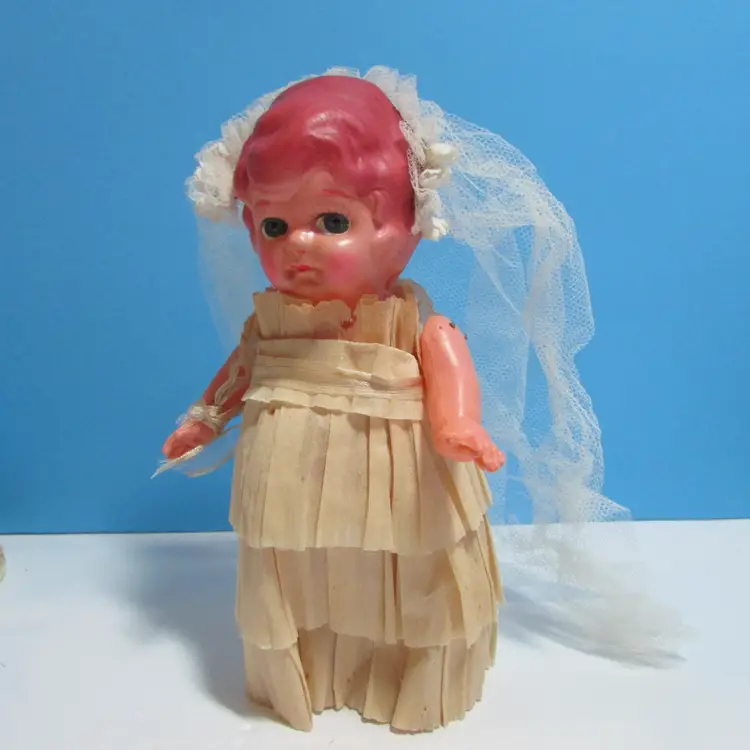 vintage celluloid bride doll with crepe paper dress and veil wedding figure 6 1/2" Japan
