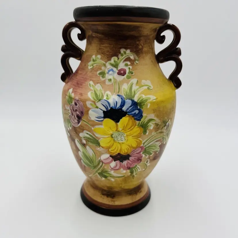 Vintage Italy Pottery Double Handle Hand Painted Floral Vase 11/281 Italy 