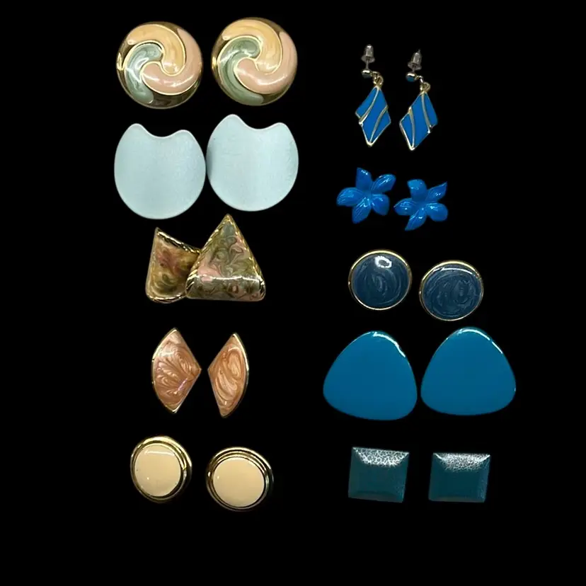 Vintage Retro Metal Enamel Pierced Earring Lot #5 (10 Pcs)