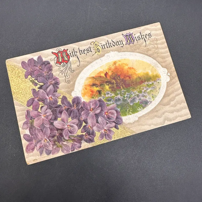 “With Best Birthday Wishes” Embossed Violets With A Sunset Vignette, Unposted