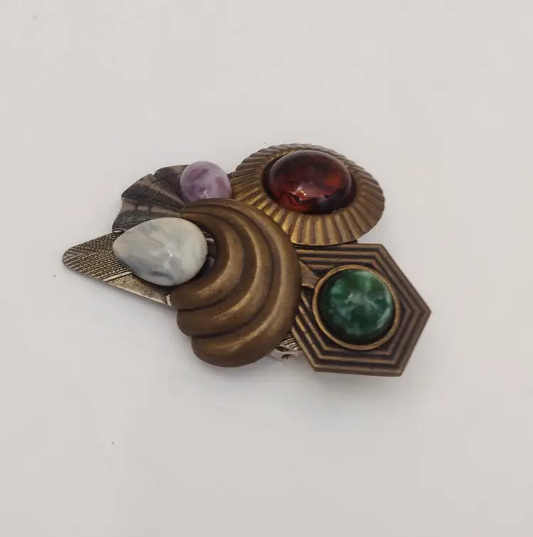 Vintage Art Deco Brass Cabochon Stone Large Brooch Pin 2.75" Estate Handmade