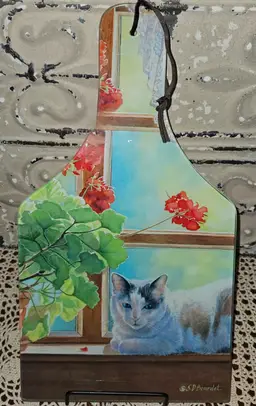 NWT Calico Cat Glass Art Cutting Board w/ Ornate Knife Made in USA