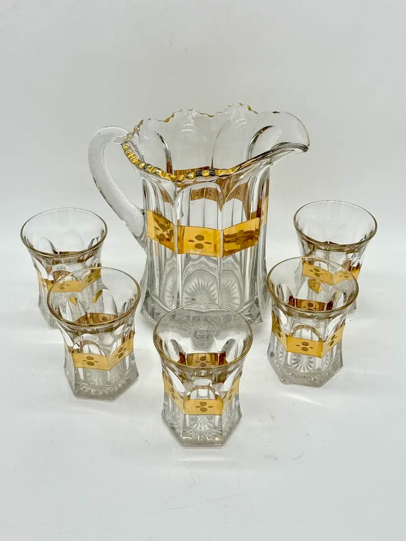 Heisey Stunning Vintage Pitcher Gold Band Decoration On Clear Pitcher w Glasses