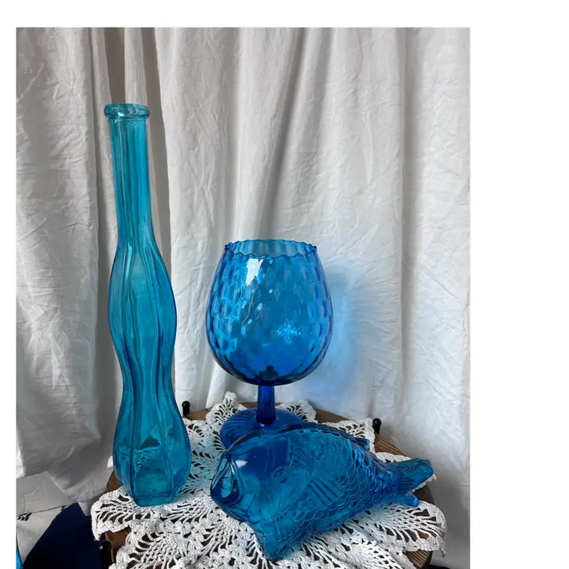 3 Pieces Of Blue Glass~ Brandy Sniffer~Vase~Fish Decanter