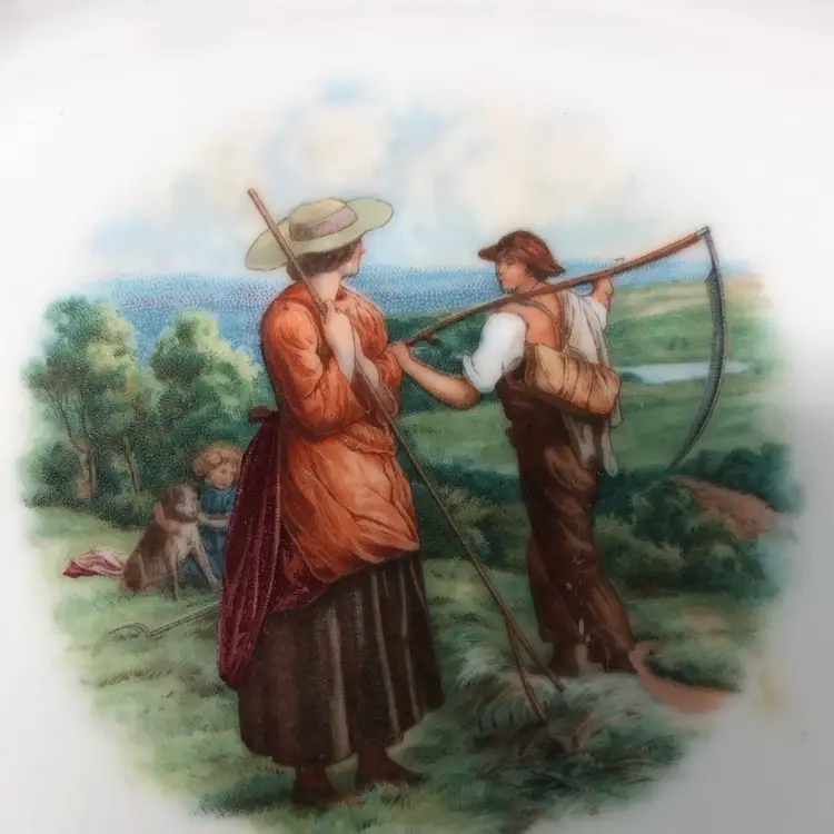 Vintage German Reticulated Porcelain Bread Basket Bowl With Transferware Family Farm Scene 