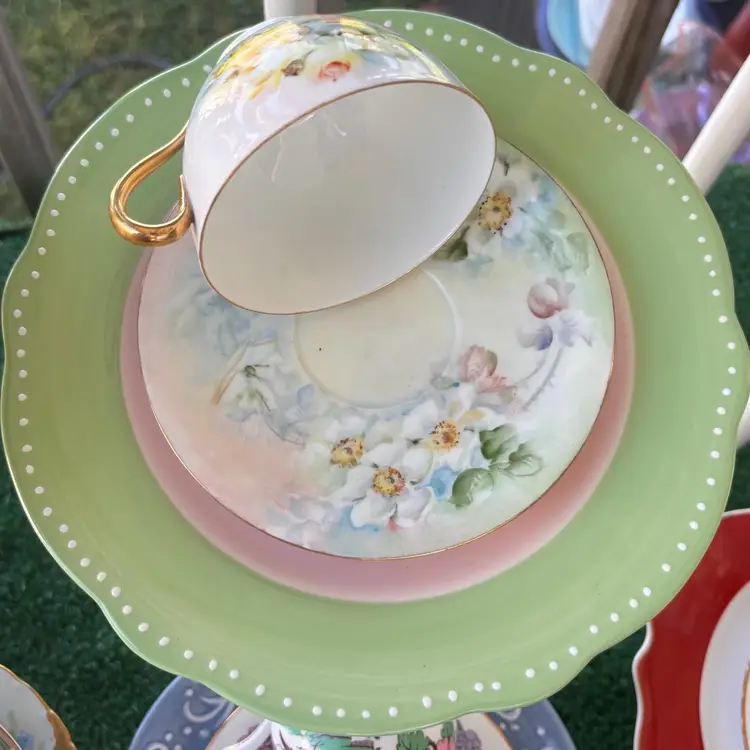 Antique Hand Painted Beautiful Cup & Saucer Birdfeeder