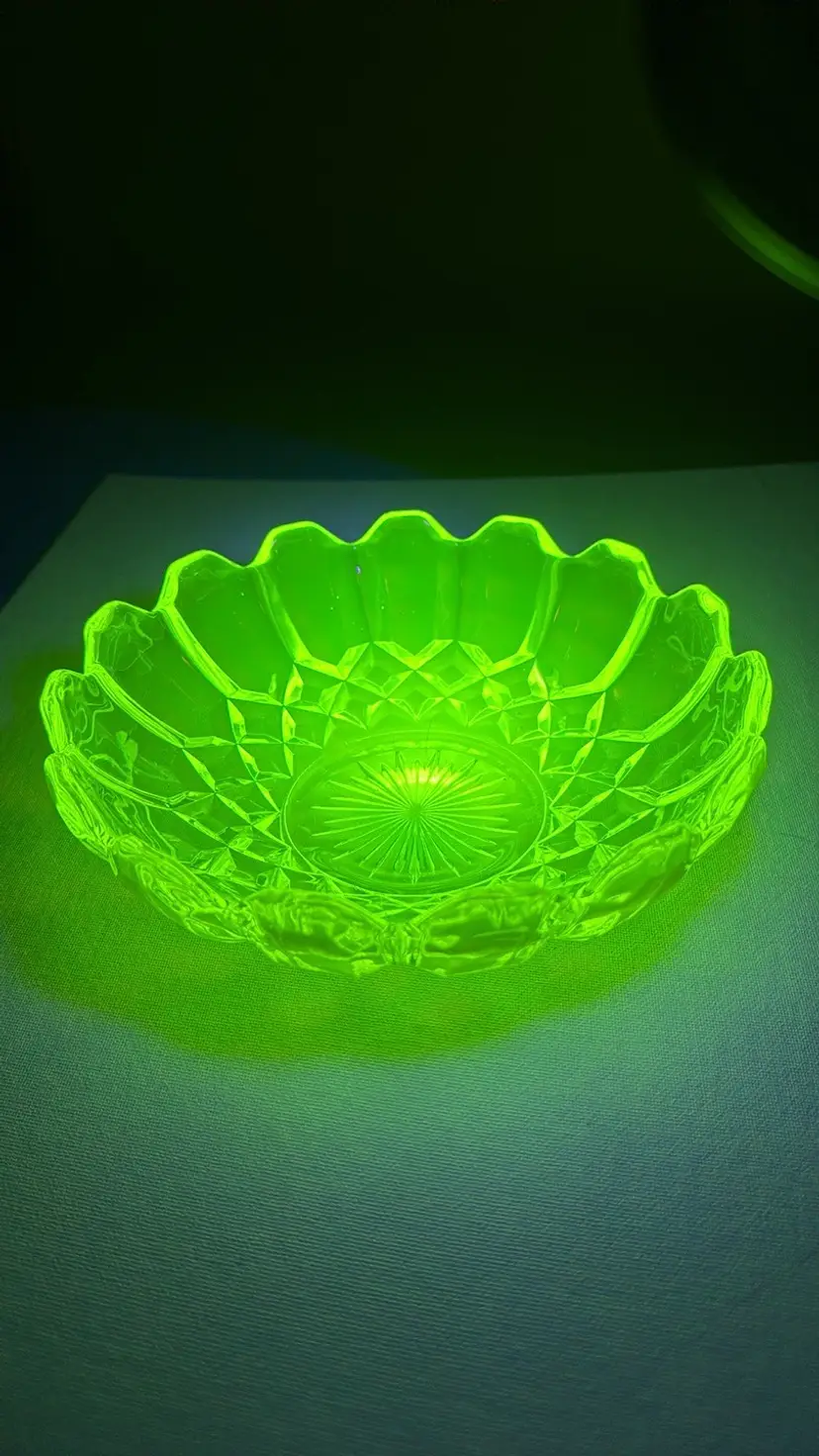 Mosser Vaseline Uranium Glass bowl 8.5” diameter
