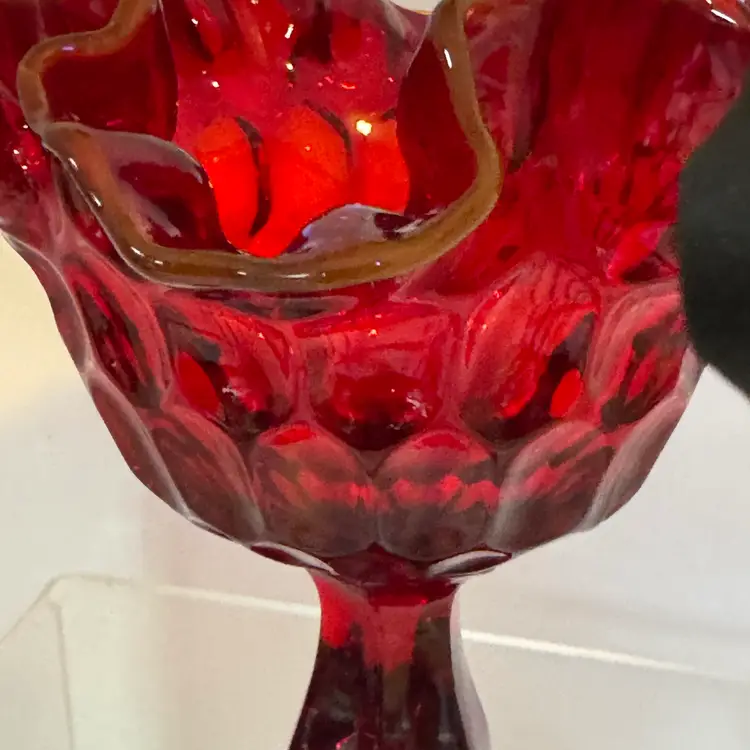 Fenton ruby red glass thumbprint pedestal candy dish with ruffled edge