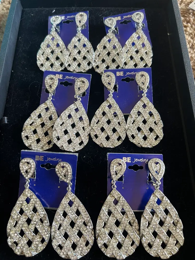 Lot Of 6 Pair Of Rhinestone Basketweave Dangle Clip Earrings