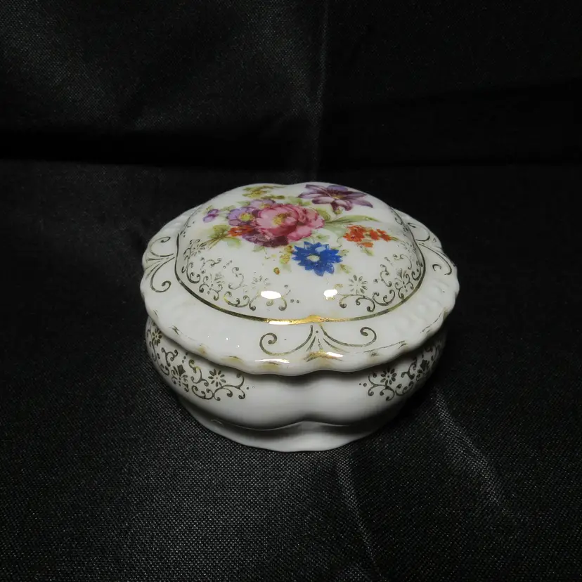 Vintage Round China Trinket Box with Floral Design Made In Japan