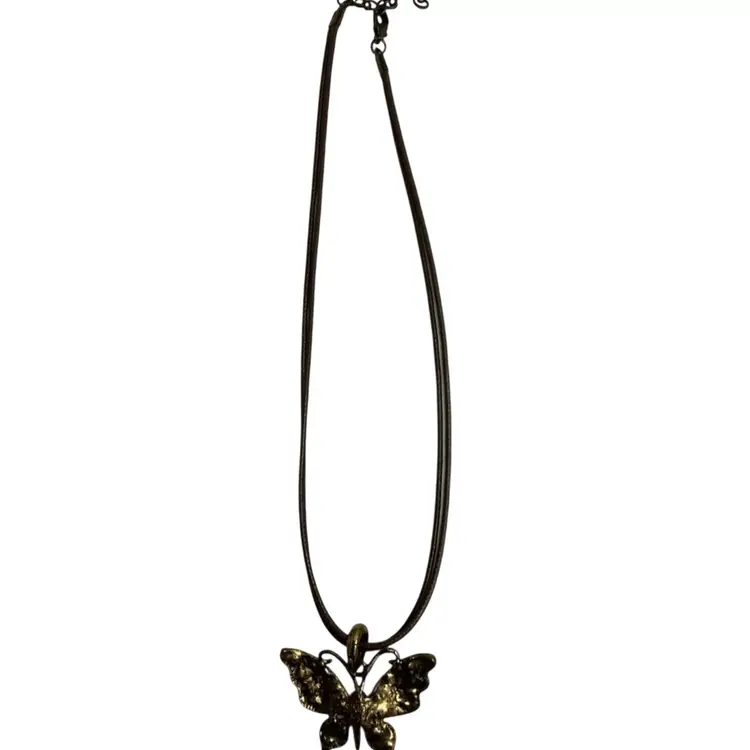 Brass And Colored Rhinestone Butterfly Pendant On A Cord 14” Choker