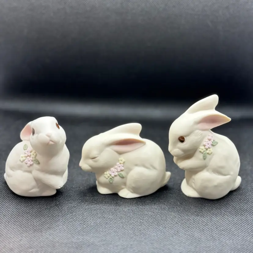 Vintage 1970’s Bunny Rabbit with Floral Flowers Ceramic Figurines, Set of 3, By Oxford, Made in Malaysia