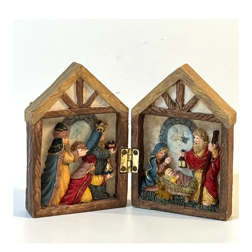 Christmas Nativity Scene Small Resin Brown Stable Mary Joseph Baby Jesus 3 Wise Men Angel 3.5 in Height