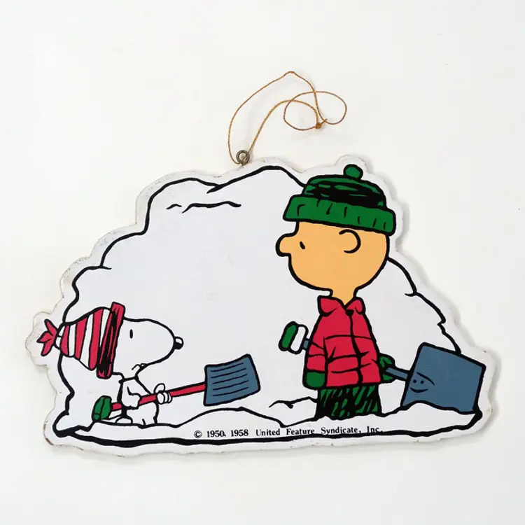 Charlie Brown & Snoopy shoveling snow Wood Ornament - Peanuts Holiday Decor