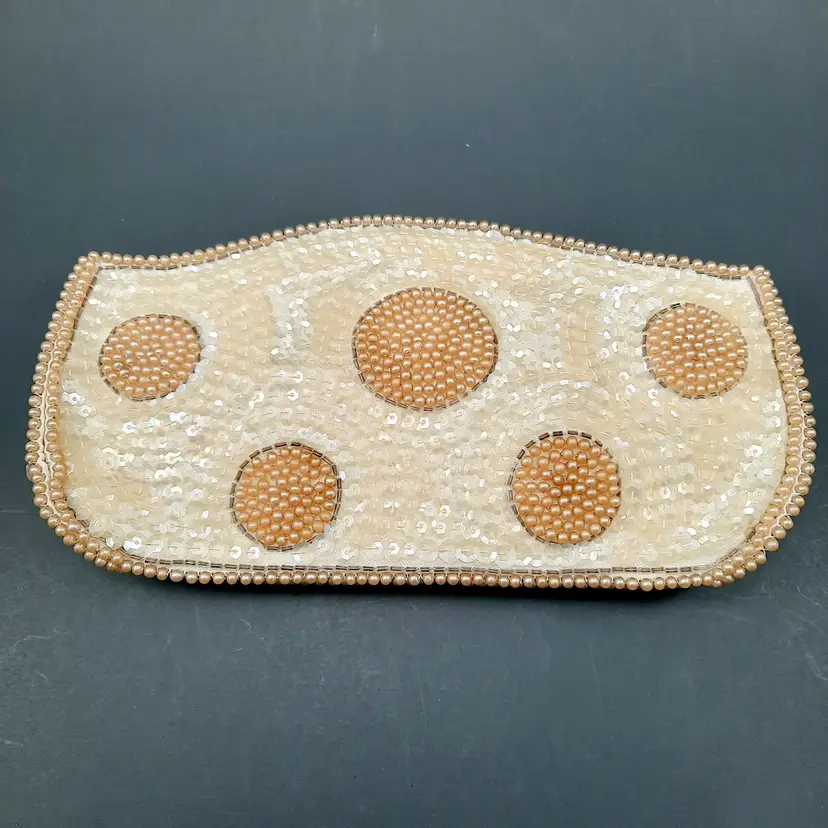 Vintage Ivory & Gold Sequin Beaded Circle Clutch Handbag Purse Japan
