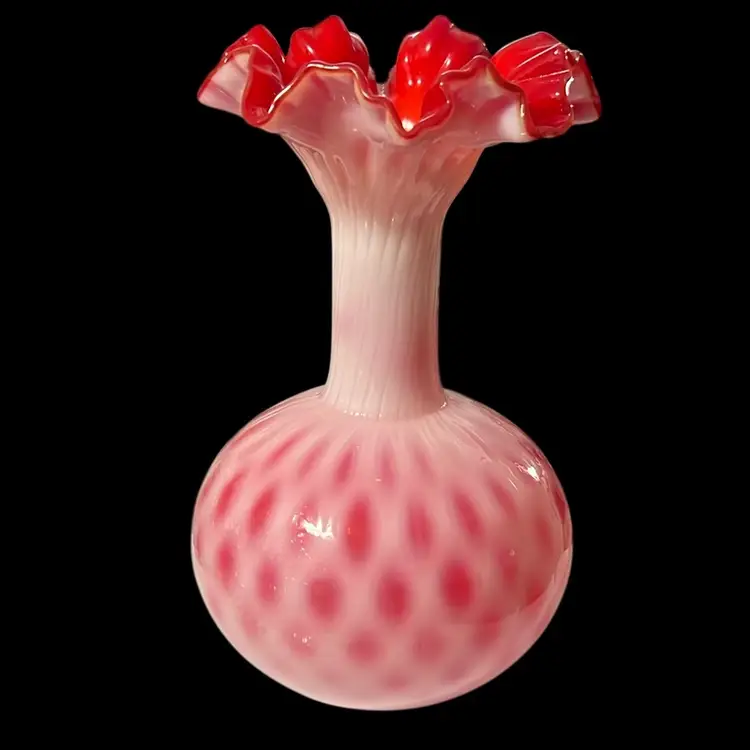 Rare Lipstick Red and Cranberry Vintage Fenton Optic Quilt Ruffled Opalescent Vase