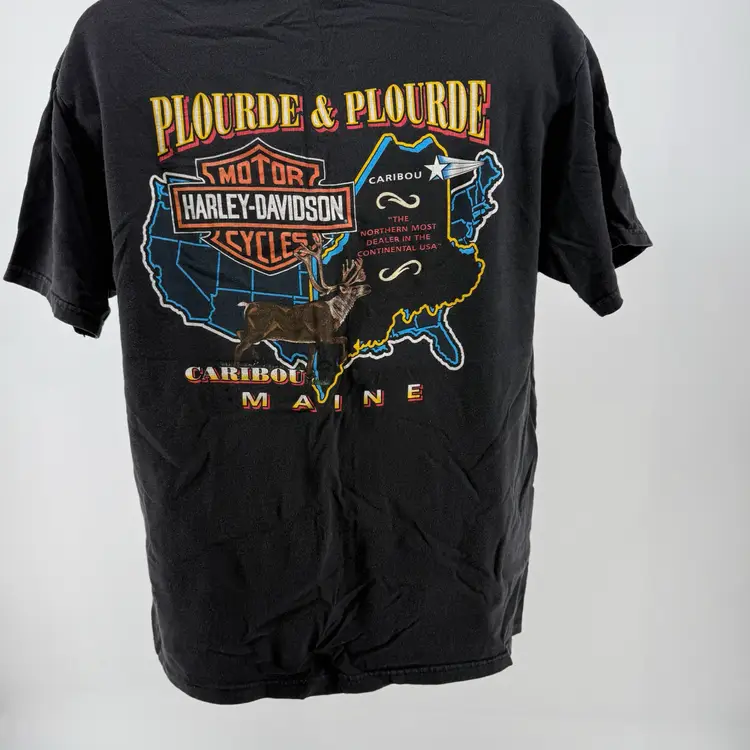 Vtg. Harley-Davidson T-Shirt Large Eagle Flame Genuine Black Caribou Main USA