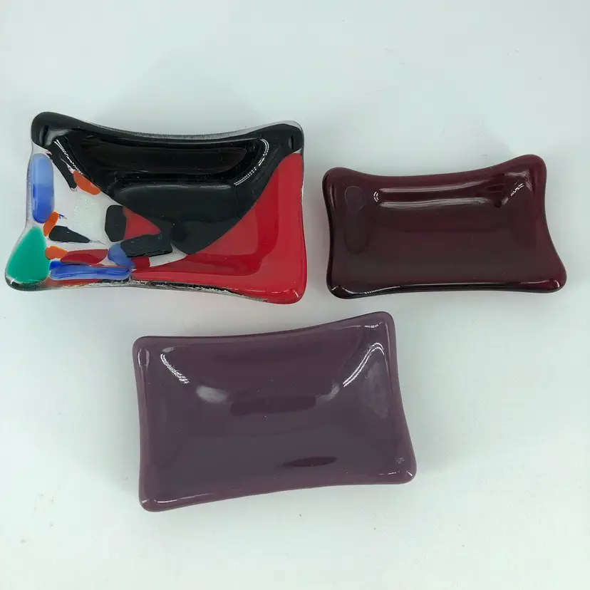 Set of 3 Colorful Fused Art Glass Ring Dishes