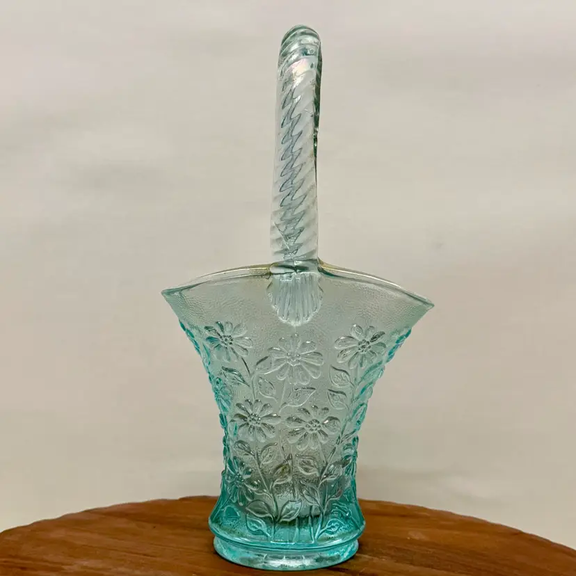 Imperial Glass Icey Blue Iridescent Daisies Glass Basket