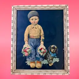 Framed Antique Print - Dutch Boy With Dog - Really Cool Frame!