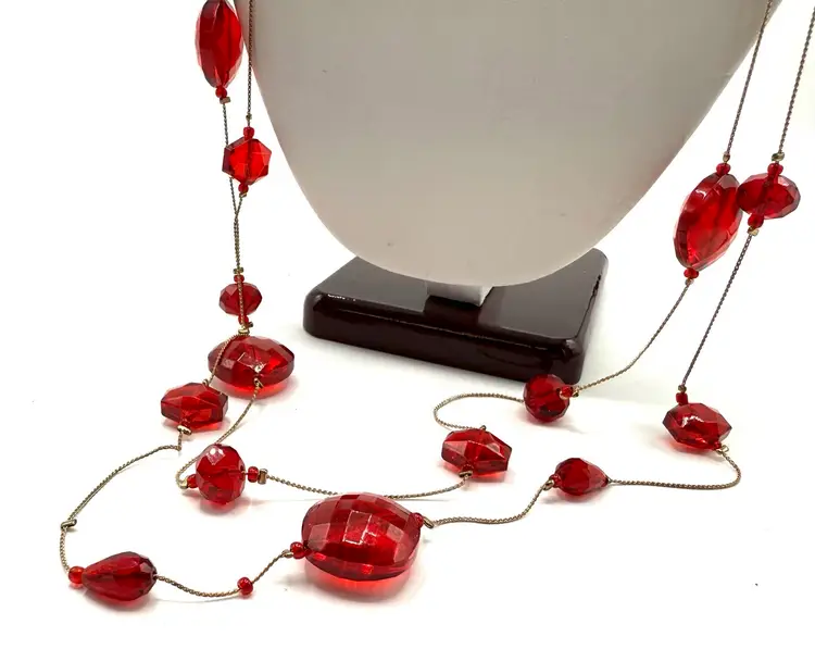 Art Glass Bead 2 Strand Necklace, Red Floating Glass,Faceted Shaped Beads,Holiday Wear
