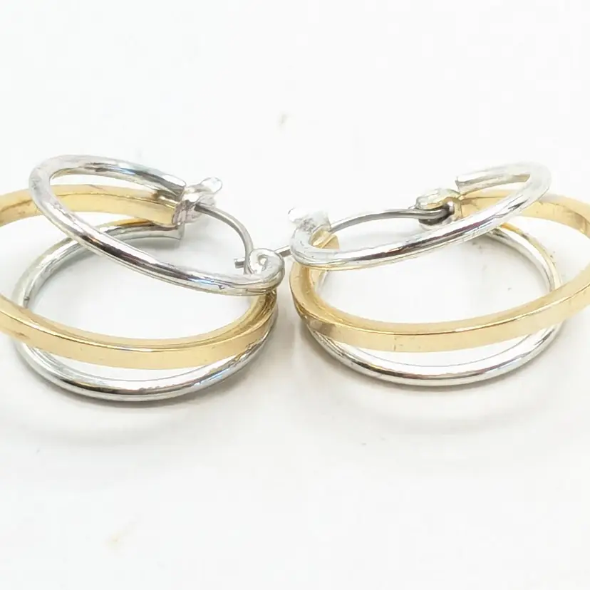 Silver and Gold Tone Triple Hoop Pierced Earrings