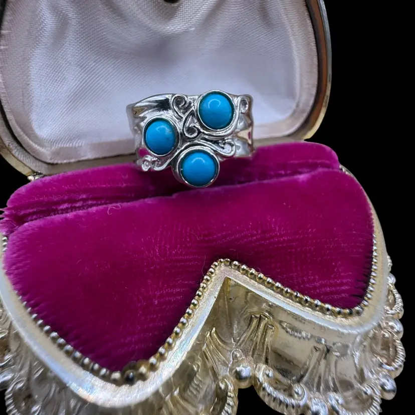 Designer DK Signed Sterling Silver 3 Stone Sleeping Beauty Turquoise Ring Size 9