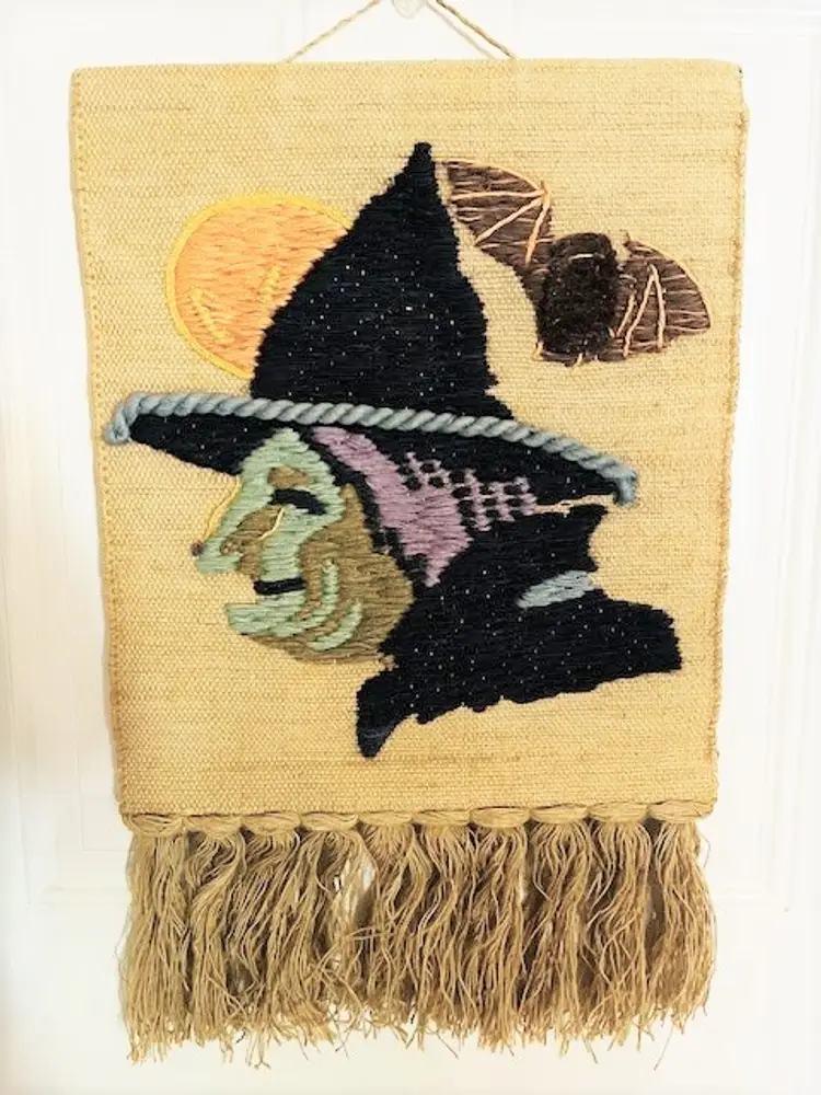 Vintage Halloween Witch Macrame Wall Hanging One of a Kind Witch and Owl | Vintage Halloween Wall Macrame Wall Art Yarn Art Retro Boho Art