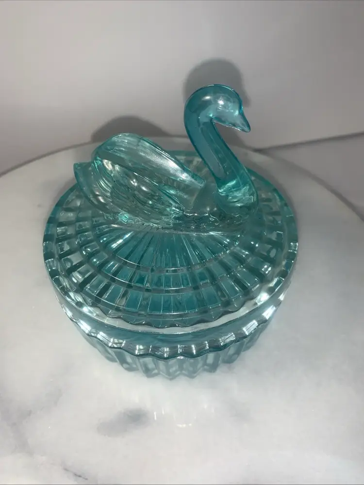 Jeanette Blue Glass Swan Lidded Lipstick Holder Powder Box