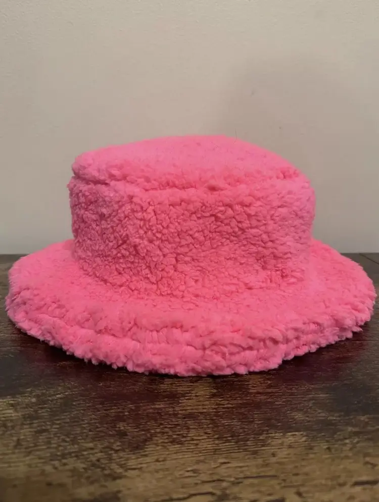 Handmade Hot Pink Bright Neon Sherpa Fuzzy Fall Winter Retro 70s Groovy Funky Fun Faux Fur Bucket Hat