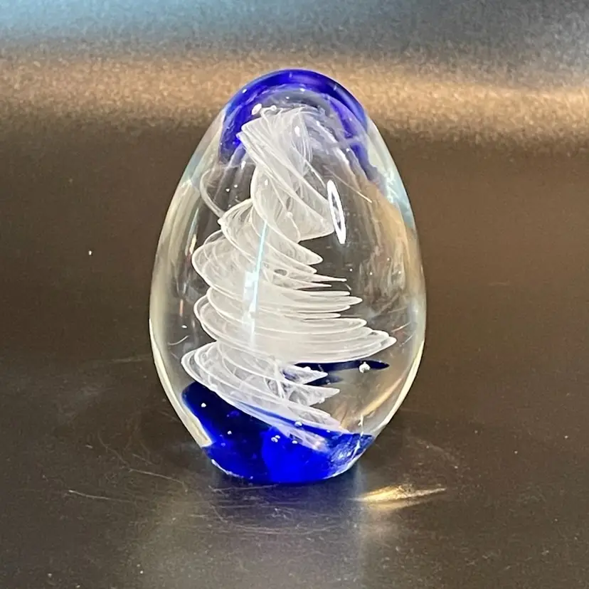 Art Glass Blue White Swirl Paperweight Egg Shaped Small Signed